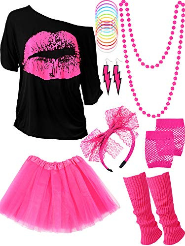 80er Jahre Outfit Kostüm Zubehör für Frauen Neon T-Shirt Tutu Rock für Halloween