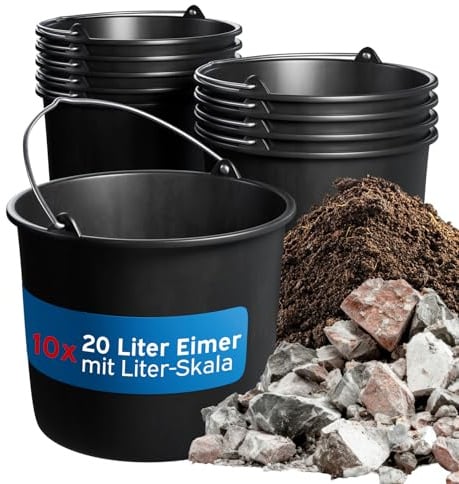 kör4u Baueimer 10er Set 20 l schwarz mit stabilem Metall-Kopfbügel, runder robuster Mörteleimer aus LDPE - für BAU, Garten, Haushalt, und Handwerk