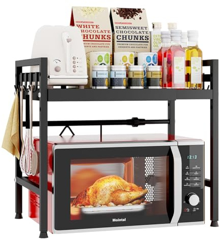 Mointal Verstellbares Mikrowellenregal, 2-Stufig Erweiterbares Küchen Mikrowelle Ständer Regal, Mikrowellenhalter aus Kohlenstoffstahl, Küchenaufbewahrung Organizer mit 8 Haken, Schwarz