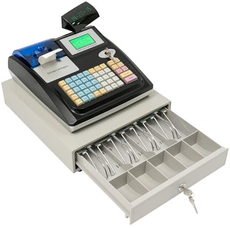 Registrierkasse Elektronisch, Elektronische Kasse mit 48 Tasten 40W DigitalanzeigeGeldkassette Abschließbar, Kassensystem für Einzelhandel Gastronomie Supermarkt (10000 PLUs, Digitalanzeige)
