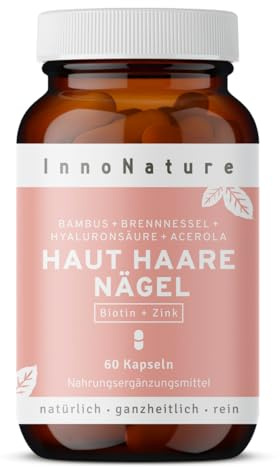 Natürlicher Haut, Haare & Nägel Komplex mit Haar-Vitamin Biotin, Zink (Zinkbisglycinat), Hyaluronsäure (500-700 kDa), Bambus (Silizium), Brennesselsamen, Hagebutte (VitaminC) + Vitamin E. 60 Kapseln.
