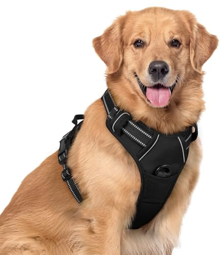 rabbitgoo Hundegeschirr Grosse Hunde, Anti Zug Geschirr mit Kontrolle, No Pull Verstellbar Hundegeschirr Mittelgroße Hunde, Atmungsaktiv Reflexstreifen Brustgeschirr Sichere Führung, Schwarz, XL