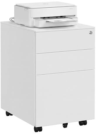 SONGMICS Rollcontainer, unter Schreibtisch, mit 3 Schublade, vormontiert, abschließbarer Büroschrank mit Hängeregistratur, für Akten, Dokumente, Schreibwaren, 52 x 39 x 60 cm, weiß OFC60WT