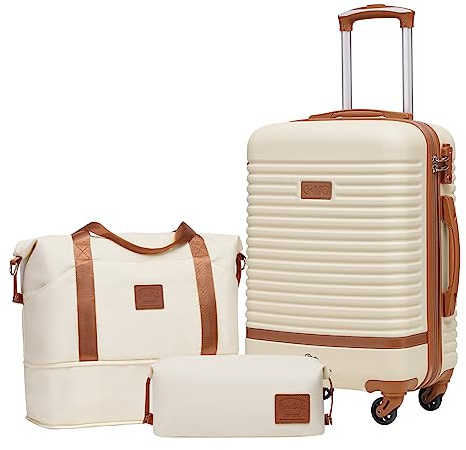 COOLIFE Koffer Set 3-TLG: Handgepäck + Reisetasche | ABS Hartschale Leicht, 360° Räder & TSA-Schlösser Für Europa, Kreuzfahrt & Auslandsstudium – Familienurlaub Essentials Weiß/Braun