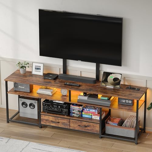 FUSOU TV Schrank mit Halterung und LED-Leuchten, Lowboard für Fernseher bis zu 70 Zoll, Fernsehtisch mit 2 Schubladen, 5 Offenen Fächern, Fernsehschrank für Wohnzimmer, Vintagebraun-Schwarz