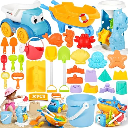 GUHAOOL Sandspielzeug, 30 Stück Strandspielzeug Kinder, Strand Sandspielzeug Set mit Wasserrad, Eimer, Sandförmchen, Sandschaufel, Netzbeutel, Sandkasten Spielzeug für Kinder 1 2 3 Jahre