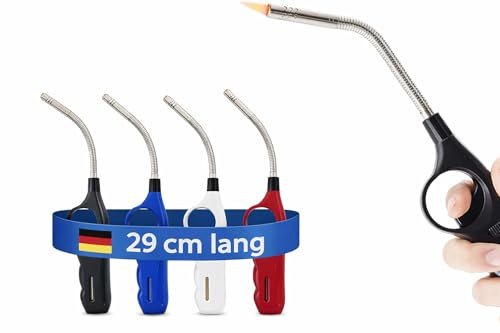 Unilite Stabfeuerzeug 4er Set – Turbo Flame 29 cm mit Gas | Langes Sturmfeuerzeug mit flexiblem Stab, Jetflame, befüllt & nachfüllbar – 4 Feuerzeuge in Schwarz, Weiß, Blau & Rot