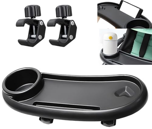 DeJivsin Kinderwagen Tablett, Kinderwagen Snack Tray Kinderwagen, 360-Grad Schwenkbar 3-in-1 mit Verstellbarem Clip Kinderwagen Getränkehalter, Geeignet für die Meisten Kinderwagen mit Armlehnen