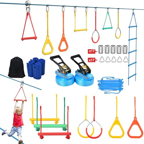 Hapfan 2 X 50ft Slackline Set Kinder mit Seilrolle, Hindernisse Set mit Klettergerüst Kletterstangen Kletterleiter Turnringen Gymnastikringe Baumschutz (Blau)