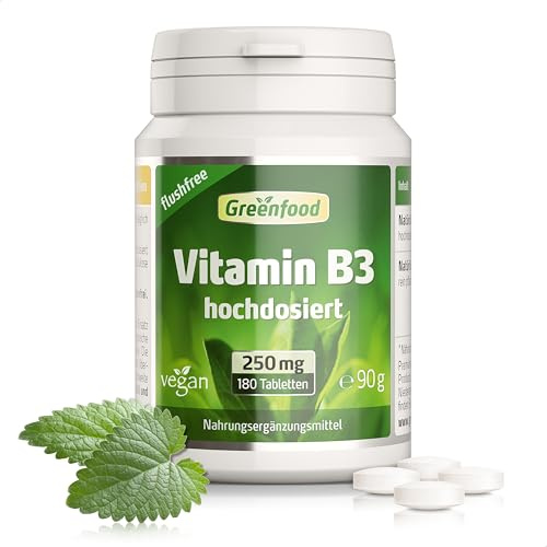 Vitamin B3 (flushfree), hochdosiert, 250mg - 180 Tabletten, vegan. Niacinamid - für Energie, Balance und Vitalität. OHNE künstliche Zusätze - laborgeprüft. Von Greenfood.