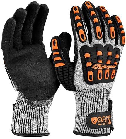 SAFEYEAR Level 5 Cut Resistant Handschuhe, Nitril Sand beschichtet mit TPR Schlagschutz, Orange Anti-Rutsch, Anti-Vibration Sicherheits Arbeitshandschuhe mit Touchscreen, Größe L
