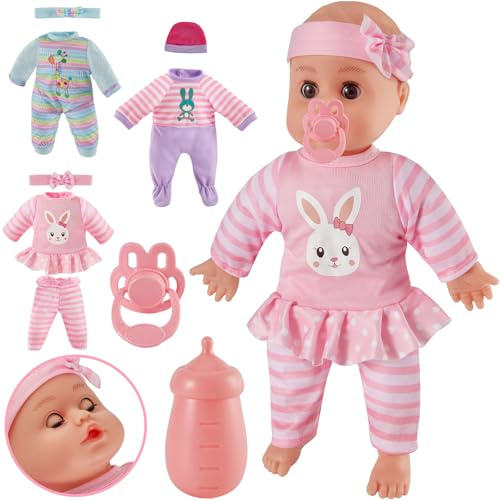 LINFUN KIDS Babypuppe mit Funktionen Weichkörperpuppe mit Schlafaugen und Schnuller Flasche Puppenzubehör mit 3 Kleidung Outfits Puppen Spielzeug Rollenspiel Geschenk für Jungen Mädchen ab 3 4 5 Jahre