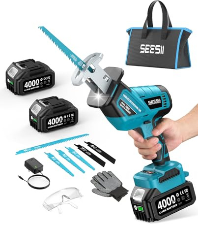 SEESII Säbelsäge Akku, 3500 RPM Bürstenloser Motor Akku Universalsäge mit 2 x 4.0Ah Batterien, LED Licht, 8 Sägeblätter tragbar für Holz PVC Schneiden