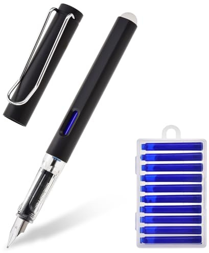 LVZONGXIN Radierbarer Füllfederhalter, [ Blaue ] Füllhalter mit ergonomischem Griff & Stahlfeder in Strichbreite M, blauer Tinte I inkl. 11 Patrone, Schreiben, Radieren