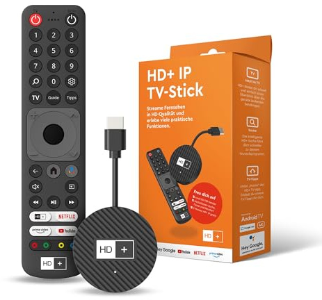 HD+ IP TV-Stick – Der TV-Stick, der Immer direkt mit Live-Fernsehen startet | Fernsehen ohne Satellit oder Kabel über Internet | Zugriff auf Mediatheken & Apps | Inkl. 3 Monate HD+