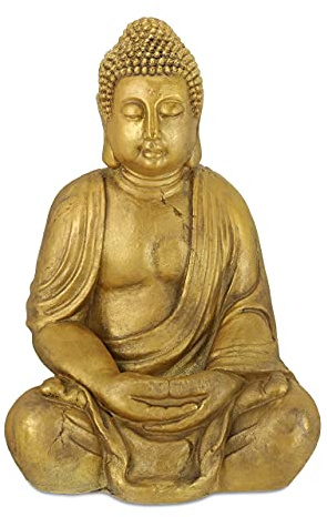 Relaxdays Buddha Figur Garten, wetterfest, frostsicher, XL Gartenbuddha sitzend, Gartenfigur, HBT: 70 x 45 x 35 cm, Gold