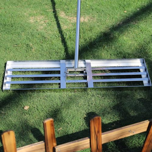 Rasen Nivellierrechen 89x25 cm aus Edelstahl, Profi Lawn Leveling Rake mit stabilem Metallstiel, Heavy Duty Rasenleveler zum Rasen sanden und nivellieren, für Garten, Hof, Golfplatz & Weide