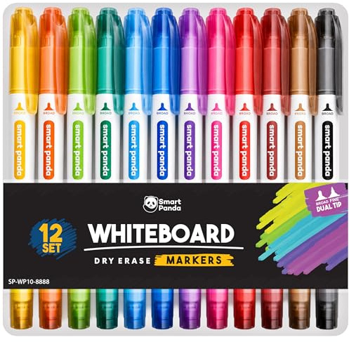 Whiteboard Marker von SmartPanda – Whiteboard Stifte, Folienstift Abwischbar - Doppelspitze, Breite und Feine – Abwischbare Stifte, non Permanent Marker, Whiteboardmarker – 12er Set