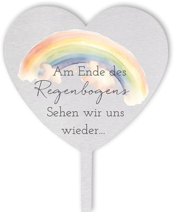 Dolorino Grabstecker Edelstahl Herz mit Spruch | Am Ende des Regenbogens sehen wir uns wieder | Grabschmuck | eine wetterfeste Erinnerung aus Edelstahl | 28cm