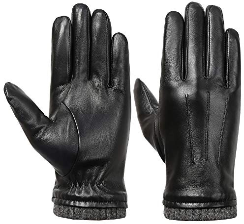 isilila Herren Luxus italienisches Schaffell Leder Handschuhe Leder Kleid Fahren Handschuhe mit Fleece Futter Schwarz, schwarz, Large