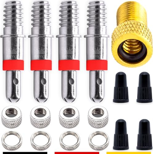 Blitz‑Ventil Fahrradventil Ersatz‑Set 4X Dunlop DV – Ventileinsatz mit Dichtung, Ventilmutter & Kappen, Auto‑/Schrader‑Adapter für Luftpumpe & Kompressor, Zubehör für Fahrrad & Laufrad
