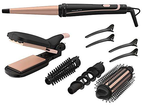 Rowenta CF4231 Infinite Looks 14-in-1 Multistyler | Keramikbeschichtung | kühle Spitze | Inklusive Stylingaufsätze (Haarglätter/Kreppeisen/Lockenstab/Warmluftbürste) und Zubehör | Schwarz/Kupfer
