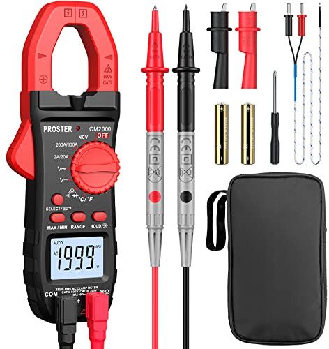 Proster Digitale Stromzange Auto Ranging DC/AC Strom Multimeter Strommessgerät mit LED Licht für Spannung Strom Widerstand Kapazität Frequenz Durchgang Temperatur (Rot)