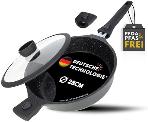 DIVORY Schmorpfanne 28 cm – Schmortopf mit hohem Rand, beschichtete Servierpfanne inkl. Deckel, abnehmbarer Griff – Induktion geeignet – Deep Frying Pan – Frei von PFOA & PFOS