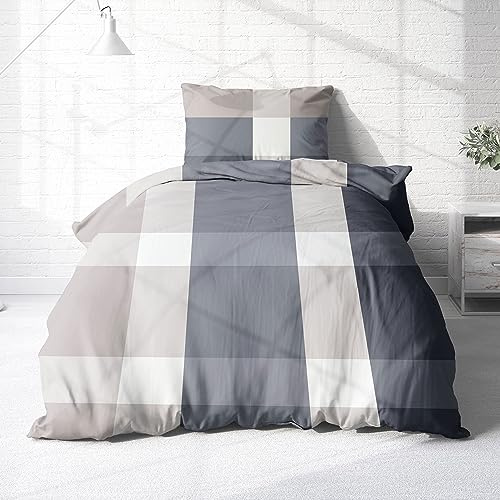 Träumschön Biber Bettwäsche Set 2tlg 135x200 cm + 80x80 cm – Flauschige Blumen Bettwäsche Hellgrau – Weiche Winterbettwäsche Kariert - Atmungsaktiv, Warm & Hautfreundlich - 100% Baumwolle