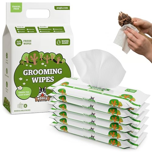 Pogi Feuchttücher für Hunde – reisegröße, mit Grüntee-Duft, hypoallergen, mit Bambusfasern – 120 Stück (6×20)