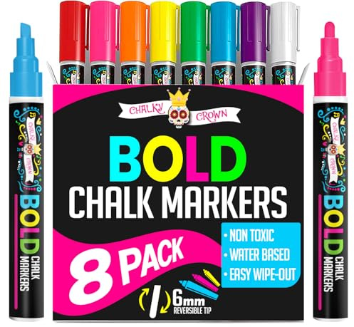 Chalky Crown - Kreidestifte für Tafel Abwaschbar - Für Tafeln, Schilder, Fenster, Glas - Umkehrbare Spitze (8er-Pack) - Mehrfarbig, 6 mm