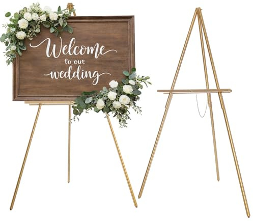 DJAR 160 cm Holzstaffelei für Schilder, Höhenverstellbare 2-in-1 Goldene Präsentationsstaffelei für Hochzeiten, Willkommensschilder, Poster und Bilder