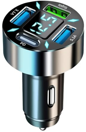 4-Port USB C Auto Ladegerät Zigarettenanzünder Adapter, 50W QC3.0, mit LED Voltmeter 12V USB Buchse, PD Schnellladegerät, kompatibel mit Phone, Android, Sasung, Tablet und Allen Smartphones