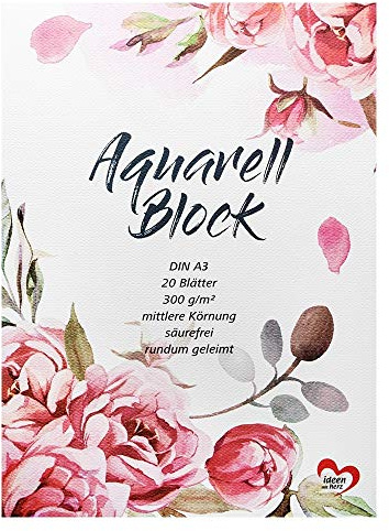 Ideen mit Herz Aquarell-Block | Aquarellpapier | Zeichenblock | Malblock | 20 Blatt | dickes Papier | 300 g/m² (DIN A3)