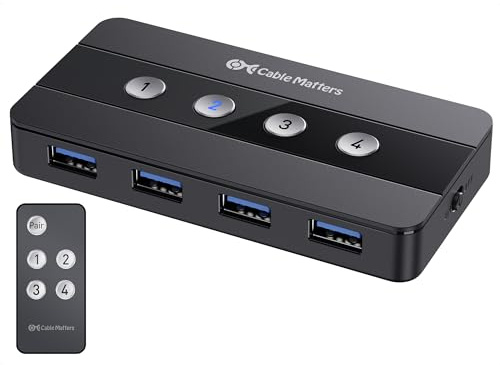 Cable Matters 4-Port USB 3.0 Switch für 4 Computer, USB-C Host unterstützt | 4 Eingänge/4 Ausgänge, Umschalten per Taste oder Fernbedienung, USB-C-Adapter enthalten