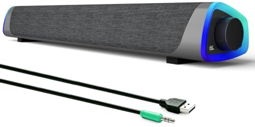 SOULION R30 PC Lautsprecher, USB-betriebene Kleine Computer Lautsprecher | LED Licht mit Schaltertaste, Surround-Sound USB Lautsprecher PC Soundbar für Desktop Laptop Monitor, Grau