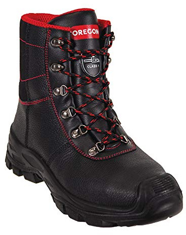 Oregon Sarawak Klasse 1 Kettensägen-Schnittschutzstiefel aus Leder, Stahlkappen, Sicherheits-Arbeitsstiefel, Größe 42, Schwarz
