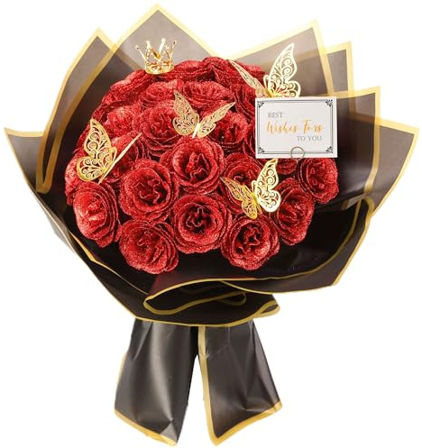 Roter Glitzer-Rosenstrauß, 30 Stück DIY gefälschte Blumen Blumenstrauß, ewiger glänzender künstlicher Rosenstrauß für Valentinstag, Jahrestag, Verlobung, Hochzeit