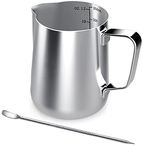 350ml Milchkännchen Edelstahl Handheld Aufschäumkännchen, Kaffee Creamer Milch Aufschäumer Kännchen Tasse mit Messung Mark und Latte Art Pen, Milchkännchen perfekt für Barista Cappuccino Espresso