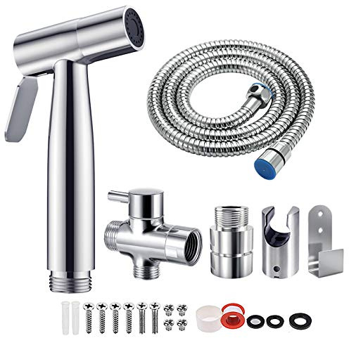 BMK Bidet Handbrause Set aus Edelstahl für WC - Hygienedusche inkl. G1/2" Ventil & G3/8" Adapter für Deutschland - Popo Dusche & Windel Sprayer mit 1,2m Schlauch, Montage ohne Bohren