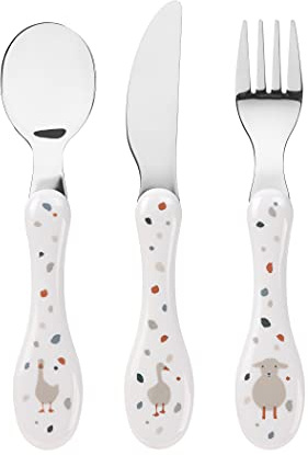 LÄSSIG Kinderbesteck Set 3-teilig Löffel Gabel Messer Edelstahl Kunststoffgriff/Cutlery Tiny Farmer Sheep/Goose