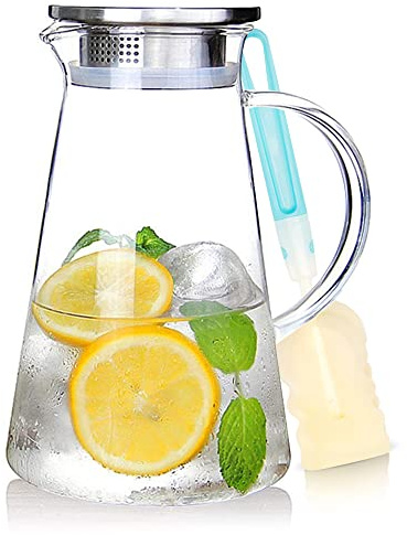 SUSTEAS 2.0L Wasserkaraffe, Glaskaraffe mit Deckel, Karaffe mit Ausgießer | Wasserkrug Borosilikatglas für selbstgemachte Getränke, Eistee, Kaffee, Milch, Wein, Saft – Spülmaschinenfest & inkl. Bürste