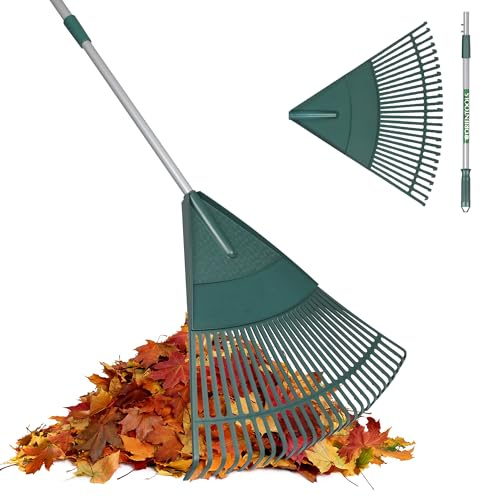 ORIENTOOLS Garten Laubrechen, Garten Rechen für Rasen Laub mit verstellbarem Griff 120 bis 165 cm Rechen, 26 Starke Zinken Kunststoff Kopf Strauch Rechen, Landschaftsbesen für Rasen und Blätter