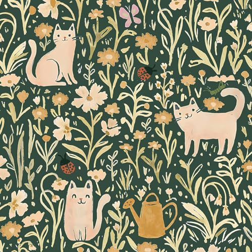 CiCiwind Selbstklebende Tapete Grün Blumen Tapeten 41×300cm Gelbe Blume und Katze Muster Tapete Verdickung Möbelfolie Selbstklebend Wohnzimmer Schlafzimmer Kinderzimmer Vinyl Klebefolie