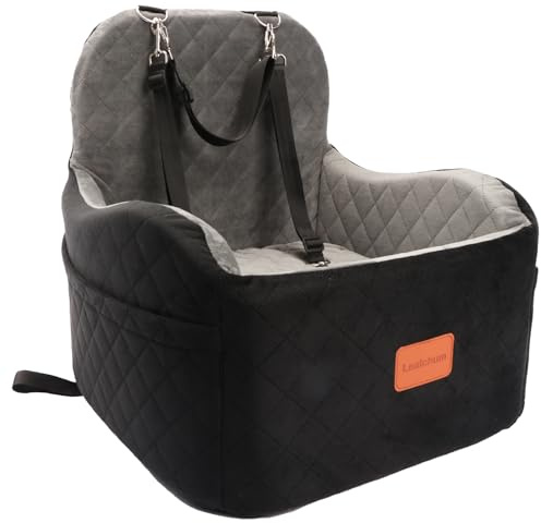 Lealchum Hund Booster Autositz für kleine/mittlere Hunde, Memory Foam erhöhte Kissen Hundeautositz,abnehmbar und waschbar Haustier tragbare Autositz mit 2 Clip-On Sicherheitsleinen(Black/Grey, Medium)