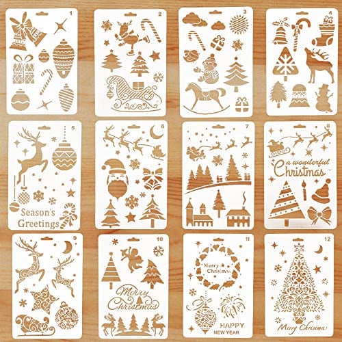 Schablonen Weihnachten, 12 Stück Zeichenschablonen Malschablonen aus Kunststoff, Stencil Schablonen Wiederverwendbar für Scrapbooking Fotoalbum, DIY Geschenkkarten, Geschenke Weihnachten Kinder
