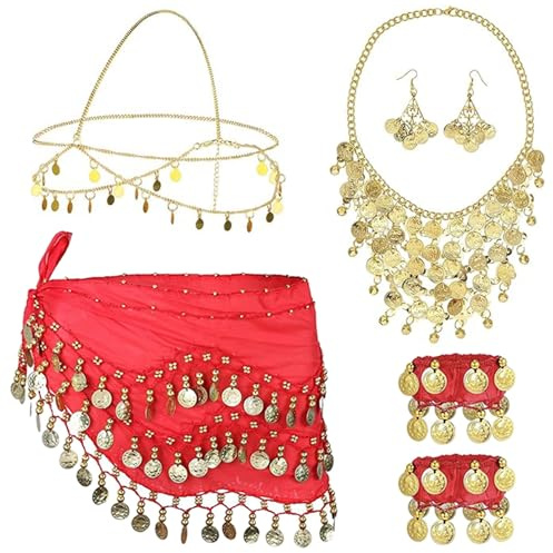 7Pcs Bauchtanz Accessoires Damen,Bauchtanz Hüfttuch Orientalischer Schmuck | Gold Bauchtanz Kostüm Damen,Chiffon Hüfttuch mit Goldmünzen Ohrringe, Halskette, Armbänder und Kopfschmuck