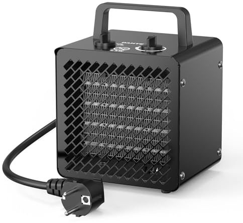 DAHTEC Keramik Heizlüfter 2000 Watt PTC Elektroheizer Metall, Schwarz | Elektro Bauheizer mit Thermostat, 2 Heizstufen & Ventilatorfunktion, Überhitzungsschutz, für Werkstatt, Hobbyraum, Baustelle