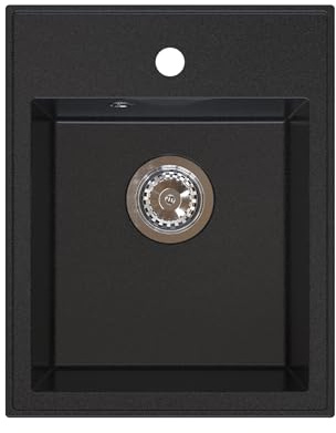 Manestein Spülbecken, Küchenspüle aus Granit, Einbauspüle, Einzelbecken mit Siphon, Fleckenbeständig und Pflegeleicht, 80% Quarzsand, 1 Becken, 40 x 50 cm, Graphit - Schwarz Gesprenkelt