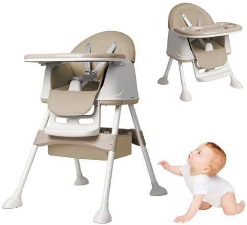 UISEBRT 3-in-1 Kinderhochstuhl, Klappbarer Baby Essstuhl mit Höhenverstellung, Verstellbarem Doppeltablett, Rollen und Abnehmbarem Sitz, Kombihochstuhl für Zuhause und Unterwegs, Beige